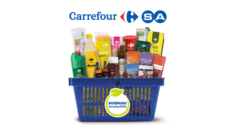 shopping basket with groceries and carrefour logo